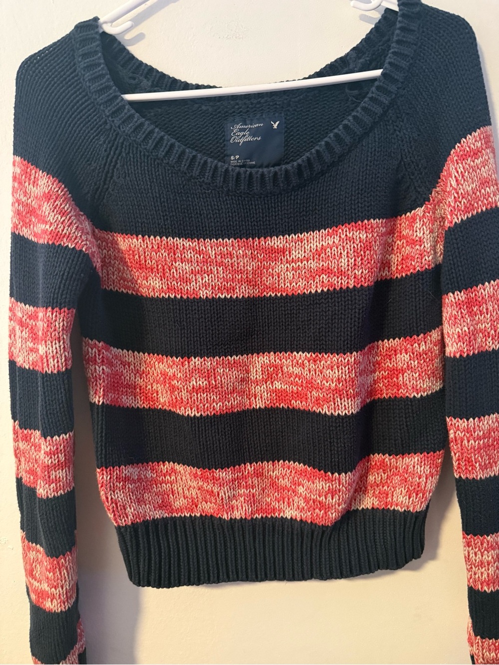 American Eagle Outfitters Navy and Coral Striped Crewneck Sweater